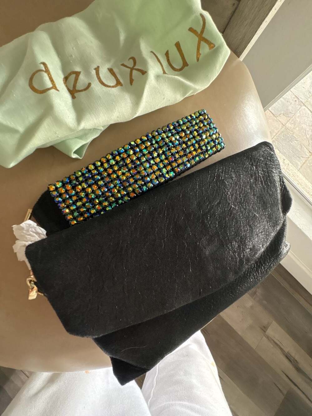 Deux Lux Black Leather Envelope Clutch with Crystal Embellished Strap